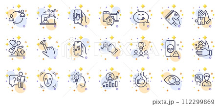 Outline set of Wash hands, Work home and Cursor line icons for web app. Include Wallet, Patient, Cyber attack pictogram icons. Like hand, Repairman, Career ladder signs. Circles with 3d stars. Vector Outline set of Wash hands, Work home and Cursor line icons for web app. Include Wallet, Patient, Cyber attack pictogram icons. Like hand, Repairman, Career ladder signs. Circles with 3d stars. Vector 112299869