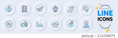 Histogram, Paper plane and Delete purchase line icons for web app. Pack of Megaphone box, Smile, No cash pictogram icons. Idea gear, Clown, Entrance signs. Outsource work, Chandelier. Vector 112299873