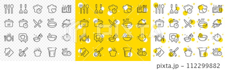 Boiling time, Frying pan and Kitchen utensils. Cooking line icons. Fork, spoon and knife line icons. Recipe book, chef hat and cutting board. Cooking book, frying time, hot pan. Vector 112299882