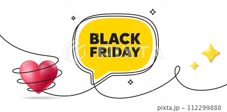 Black Friday Sale. Continuous line art banner. Special offer price sign. Advertising Discounts symbol. Black friday speech bubble background. Wrapped 3d heart icon. Vector 112299888
