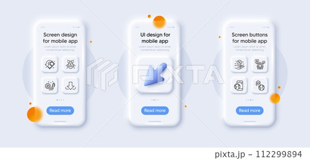 Teamwork, Cashback and Download line icons pack. 3d phone mockups with cursor. Glass smartphone screen. Mobile internet, Software bug, Loan percent web icon. Engineering, Fraud pictogram. Vector Teamwork, Cashback and Download line icons pack. 3d phone mockups with cursor. Glass smartphone screen. Mobile internet, Software bug, Loan percent web icon. Engineering, Fraud pictogram. Vector 112299894