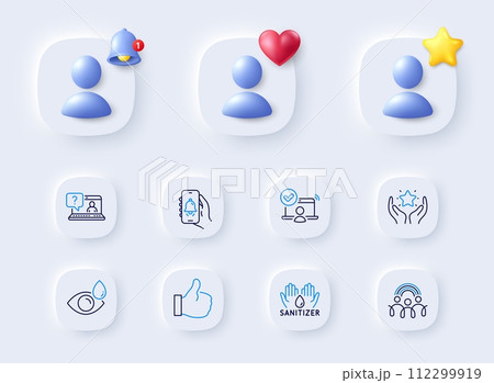 Bell alert, Faq and Hand sanitizer line icons. Placeholder with 3d bell, star, heart. Pack of Inclusion, Like, Eye drops icon. Online access, Ranking pictogram. For web app, printing. Vector 112299919