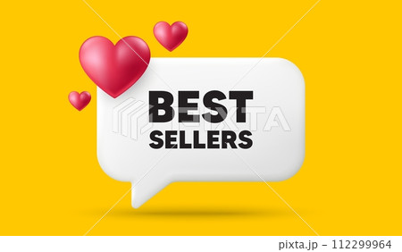 Best sellers tag. 3d speech bubble banner with hearts. Special offer price sign. Advertising discounts symbol. Best sellers chat speech message. 3d offer talk box. Vector Best sellers tag. 3d speech bubble banner with hearts. Special offer price sign. Advertising discounts symbol. Best sellers chat speech message. 3d offer talk box. Vector 112299964