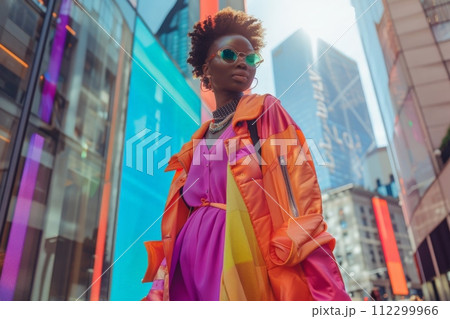 A woman in an orange and purple dress stands gracefully in front of a building, exuding confidence and poise. 112299966