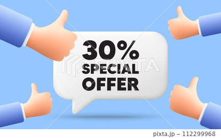 30 percent discount offer tag. 3d speech bubble banner with like hands. Sale price promo sign. Special offer symbol. Discount chat speech message. 3d offer talk box. Vector 30 percent discount offer tag. 3d speech bubble banner with like hands. Sale price promo sign. Special offer symbol. Discount chat speech message. 3d offer talk box. Vector 112299968