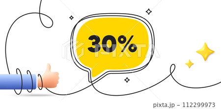 30 percent off sale tag. Continuous line art banner. Discount offer price sign. Special offer symbol. Discount speech bubble background. Wrapped 3d like icon. Vector 30 percent off sale tag. Continuous line art banner. Discount offer price sign. Special offer symbol. Discount speech bubble background. Wrapped 3d like icon. Vector 112299973