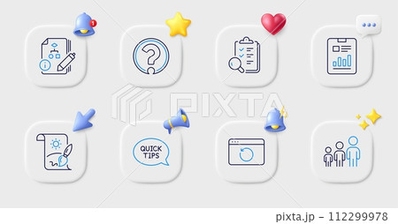 Question mark, Recovery internet and Business hierarchy line icons. Buttons with 3d bell, chat speech, cursor. Pack of Report document, Inspect, Quickstart guide icon. Vector Question mark, Recovery internet and Business hierarchy line icons. Buttons with 3d bell, chat speech, cursor. Pack of Report document, Inspect, Quickstart guide icon. Vector 112299978