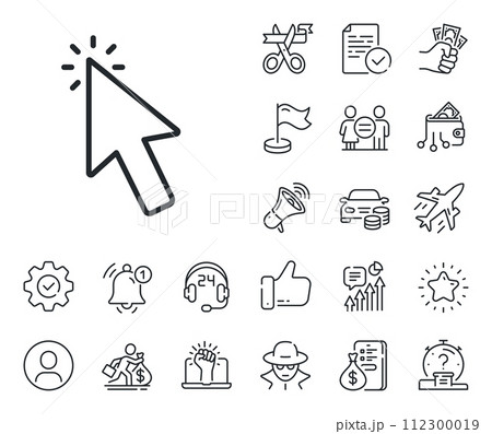 Click action sign. Salaryman, gender equality and alert bell outline icons. Mouse cursor line icon. Arrow pointer symbol. Cursor line sign. Spy or profile placeholder icon. Vector 112300019
