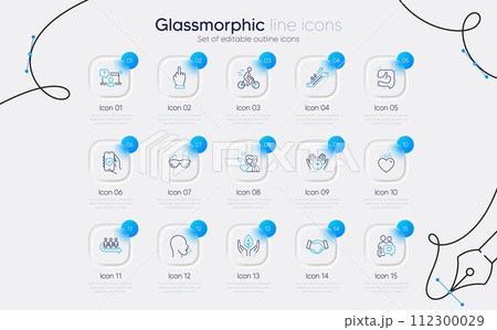 Set of Online question, Couple and Heart line icons for web app. Cyclist, Eyeglasses, Dating chat icons. Handshake, Cough, Safe time signs. Escalator, Fair trade, Security app. Like. Vector Set of Online question, Couple and Heart line icons for web app. Cyclist, Eyeglasses, Dating chat icons. Handshake, Cough, Safe time signs. Escalator, Fair trade, Security app. Like. Vector 112300029