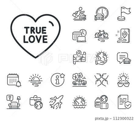 Sweet heart sign. Plane jet, travel map and baggage claim outline icons. True love line icon. Valentine day symbol. True love line sign. Car rental, taxi transport icon. Place location. Vector Sweet heart sign. Plane jet, travel map and baggage claim outline icons. True love line icon. Valentine day symbol. True love line sign. Car rental, taxi transport icon. Place location. Vector 112300322