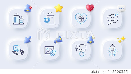 Romantic gift, Delivery discount and Travel passport line icons. Buttons with 3d bell, chat speech, cursor. Pack of Puzzle image, Sleep, Baggage icon. Fireworks, Elephant on ball pictogram. Vector 112300335