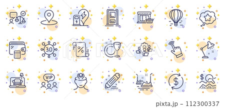 Outline set of Bumper cars, Wallet and Marketplace line icons for web app. Include Cursor, Check investment, Table lamp pictogram icons. Vip clients, Air balloon, Lawyer signs. Vector 112300337