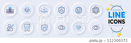 Clean skin, Heartbeat and Medical drugs line icons for web app. Pack of Health eye, Myopia, Dental insurance pictogram icons. Uv protection, Coronavirus, Shield signs. Face detect. Vector 112300372