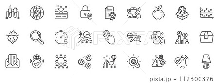 Icons pack as Chemistry beaker, Search flight and Fingerprint lock line icons for app include Timer, 5g internet, House security outline thin icon web set. Ab testing, Research. Vector 112300376