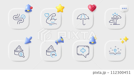 Difficult stress, Umbrella and Moisturizing cream line icons. Buttons with 3d bell, chat speech, cursor. Pack of Medical chat, Clean skin, Digestion icon. Strong arm, Uv protection pictogram. Vector 112300451