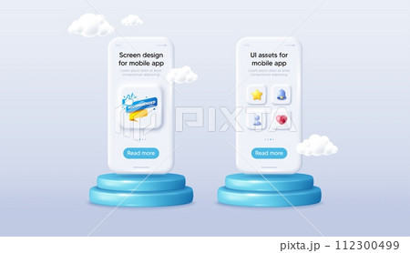 Recommended paper banner. Phone mockup on podium. Product offer 3d pedestal. Best deal tag. Bubble with thumbs up icon. Background with 3d clouds. Recommended banner promotion message. Vector 112300499