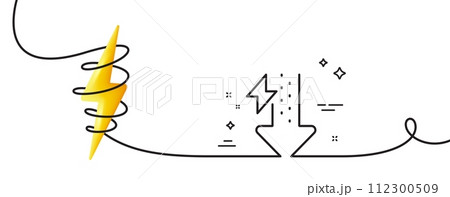 Energy line icon. Continuous one line with curl. Thunderbolt sign. Power consumption symbol. Energy drops single outline ribbon. Loop curve with energy. Vector 112300509