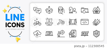 Open door, Confirmed and Speakers line icons set for app include Web lectures, Copyright laptop, Hammer blow outline thin icon. Shop app, Seo script, Business target pictogram icon. Vector 112300545