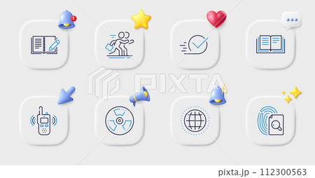 Education, Feedback and Checkbox line icons. Buttons with 3d bell, chat speech, cursor. Pack of Inspect, Chemical hazard, Transmitter icon. Globe, Ð¡ompetition pictogram. For web app, printing. Vector 112300563