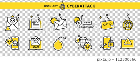 網路犯罪圖示集，如網路釣魚詐騙、詐騙電子郵件、個人資訊外洩等。 112300566