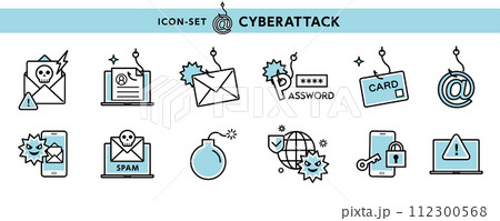 フィッシング詐欺、詐欺メール、個人情報流出などサイバー犯罪のアイコンセット 112300568