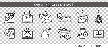 Cybercrime icon set such as phishing scam, fraudulent email, personal information leakage etc. Cybercrime icon set such as phishing scam, fraudulent email, personal information leakage etc. 112300569