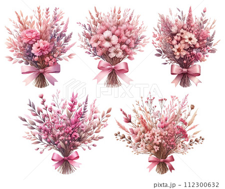 ピンクのドライフラワーの花束の水彩イラストの素材セット ピンクのドライフラワーの花束の水彩イラストの素材セット 112300632