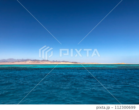 Amazing view horizon line Egypt. panoramic overlook blue sea surface far from coast. 112300699