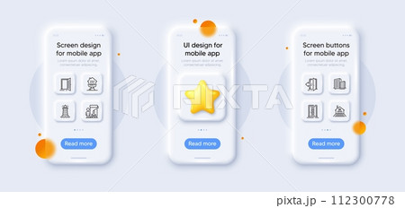 Home grill, Lighthouse and Buildings line icons pack. 3d phone mockups with star. Glass smartphone screen. Entrance, Open door, Door web icon. Painter, Terrace pictogram. For web app, printing. Vector Home grill, Lighthouse and Buildings line icons pack. 3d phone mockups with star. Glass smartphone screen. Entrance, Open door, Door web icon. Painter, Terrace pictogram. For web app, printing. Vector 112300778