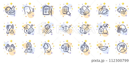 Outline set of Dont touch, Vaccine announcement and Mint tea line icons for web app. Include Pandemic vaccine, Electronic thermometer, Medical mask pictogram icons. Stress, Nasal test. Vector 112300799