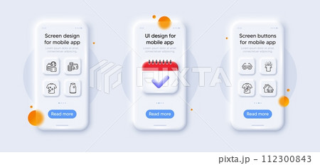 T-shirt, Dry t-shirt and Wallet line icons pack. 3d phone mockups with calendar. Glass smartphone screen. Furniture moving, Love glasses, Baggage web icon. For web app, printing. Vector 112300843