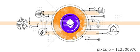 Crypto coin surrounded by icons representing various business and financial concepts. Possibility of using cryptocurrency for payments 112300970