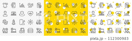 Outline Headshot, Employees wealth and Online statistics line icons pack for web with Heartbeat, Phone warning, Computer fingerprint line icon. Smile, Money profit. Yellow design with 3d stars. Vector Outline Headshot, Employees wealth and Online statistics line icons pack for web with Heartbeat, Phone warning, Computer fingerprint line icon. Smile, Money profit. Yellow design with 3d stars. Vector 112300983