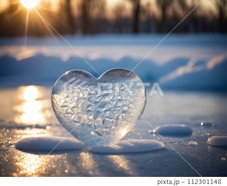 Piece of ice in the shape of a heart illuminated by rays of sun on a winter background 112301148