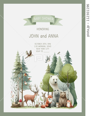 Cute baby shower watercolor invitation card with wild forest animals. 112301196