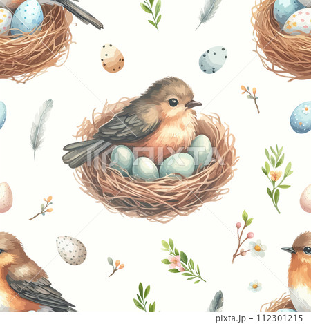 Watercolor seamless pattern with nest, birds, easter eggs and tree twigs. 112301215