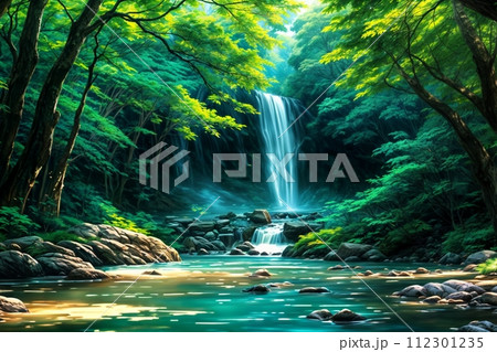 美しい森と川と滝の背景画像のイラスト素材 [112301235] - PIXTA