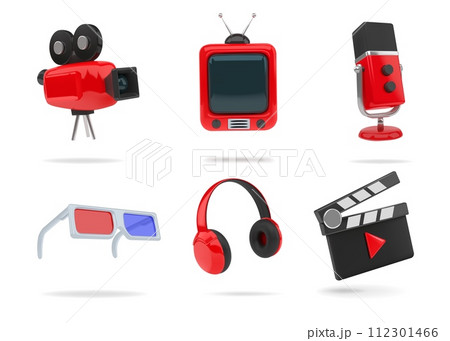 3D music icons. Cinema movie or television film. Camera and microphone speaker. TV stereo eyeglasses. Headphones render. Video record. Filmmaking equipment. Vector cartoon objects set 112301466