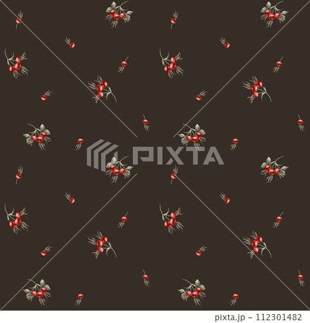 Rose hip red berries, watercolor seamless minimalistic floral pattern on dark background. For use in design, fabric, textile, scrapbooking, wallpaper, wrapping papper, gift boxes, greeting cards, back 112301482