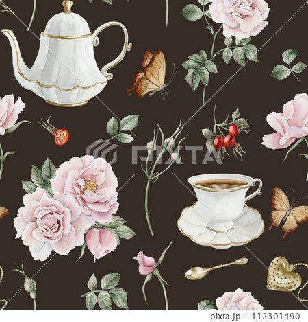 Rose hip pink flowers, red berries, leaves, white porcelain teaware and butterflies, watercolor seamless pattern on dark background. For use in design, fabric, textile, scrapbooking, wallpaper, wrappi 112301490
