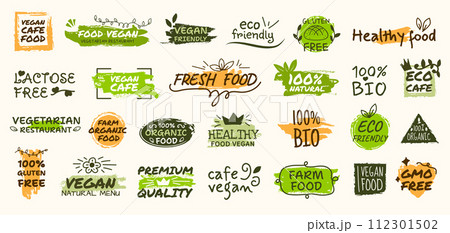 Eco logo labels. Food logo. Hand drawn tags for fruit, vegetable organic banner, sticker or button text frame. Vegetarian restaurant, green healthy product, gluten free. Vector isolated badge 112301502