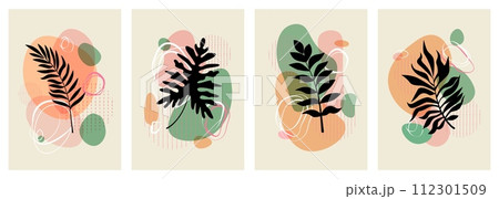 Abstract nature art. Shape wall posters, scandinavian botanical plant leaf background, leaf vegetation. Black tropical leaves, spring card contemporary design, vector illustration set 112301509