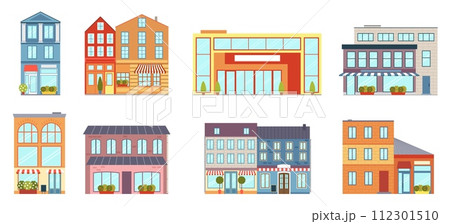 City buildings. House, business office icons, modern color cafe apartments and condominium. Shop and apartment. Street panorama. Geometric minimal isolated elements, vector cartoon flat set City buildings. House, business office icons, modern color cafe apartments and condominium. Shop and apartment. Street panorama. Geometric minimal isolated elements, vector cartoon flat set 112301510