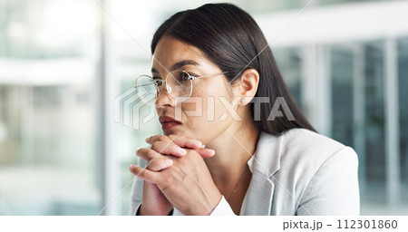 Business, woman and thinking with stress at company for job interview, recruitment or hiring news. Employee, professional person and anxiety at workplace for onboarding decision and waiting in lobby Business, woman and thinking with stress at company for job interview, recruitment or hiring news. Employee, professional person and anxiety at workplace for onboarding decision and waiting in lobby 112301860