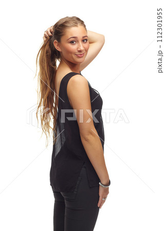 Happy woman, portrait and confidence for fashion in studio, casual style and aesthetic on white background. Female person, smile and pride for gen z culture, university student and designer clothes 112301955