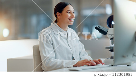 Science, research and happy woman with computer, typing and biotech data report in laboratory. Medical innovation, scientist or lab technician in study in healthcare, medicine or online test feedback 112301983