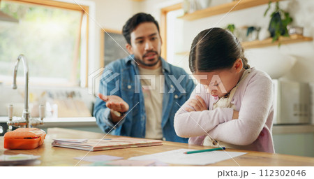 Angry dad with crying child, homework and scolding in kitchen, helping to study with conflict. Learning, teaching and frustrated father with sad daughter for discipline, education and problem in home Angry dad with crying child, homework and scolding in kitchen, helping to study with conflict. Learning, teaching and frustrated father with sad daughter for discipline, education and problem in home 112302046