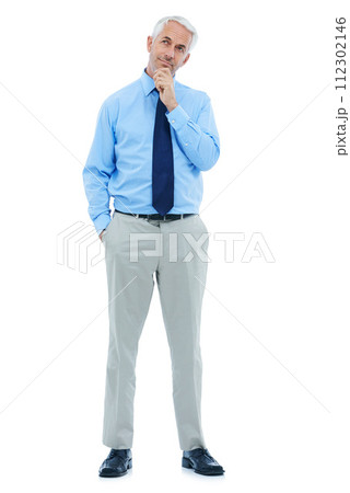 Studio, planning or mature businessman with thinking of project and professional lawyer by white background. Senior person, memory and idea in commercial law career with insight and problem solving 112302146