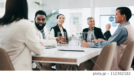 Talking, morning and business people leaving meeting, team seminar or a break from a workshop. Smile, together and corporate employees speaking and walking from a conference or training in an office 112302182