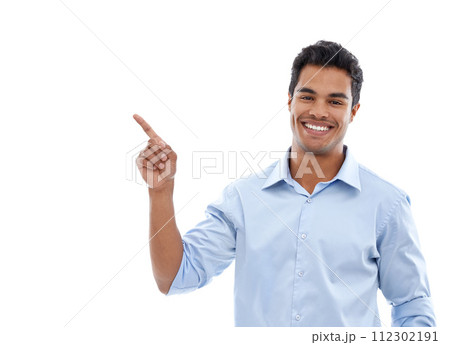 Portrait, pointing and business man studio for news, announcement or information of career or job. Face of employee, accountant or presenter with presentation and opportunity on a white background 112302191